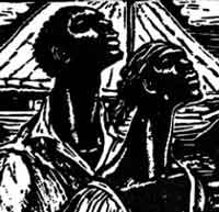 Woodcut of refugees from Central America